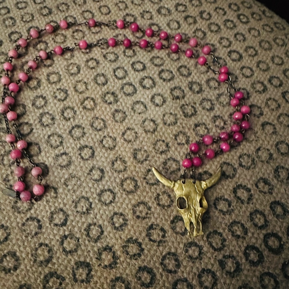 Pink Beaded Necklace with Bull Pendant
